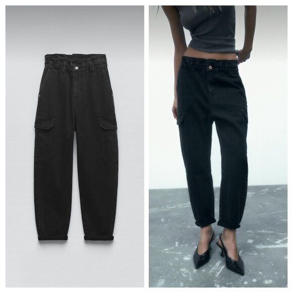 ZARA High Waist Baggy Fit Paper Bag Carrot Leg Ankle Rigid Black Womens 6 - Picture 2 of 16